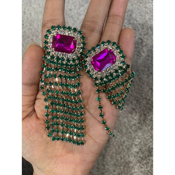 Fuchsia earrings large pink & green fringe long emerald crystal dark green - Picture 4 of 10